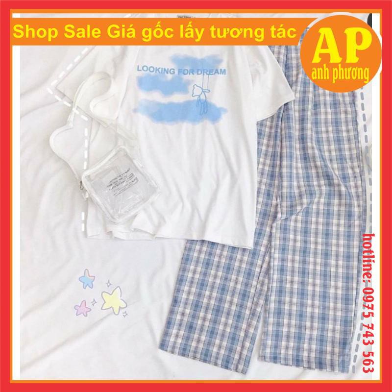 sét áo mây look + quần kẻÁo phông chất cotton mềm nịnform thụng tay lỡ in hình 3d rõ nétquần kẻ chất thô mền