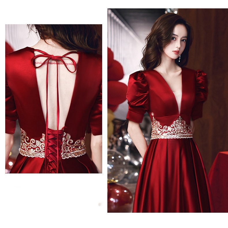 Đầm Dự Tiệc Vải Satin Tay Ngắn Dáng Ôm Dài Màu Đỏ Thời Trang Sang Trọng Cho Nữ