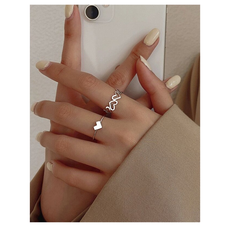 Set 2 nhẫn màu bạc họa tiết trái rim rỗng thiết kế đơn giản có thể điều chỉnh thời trang