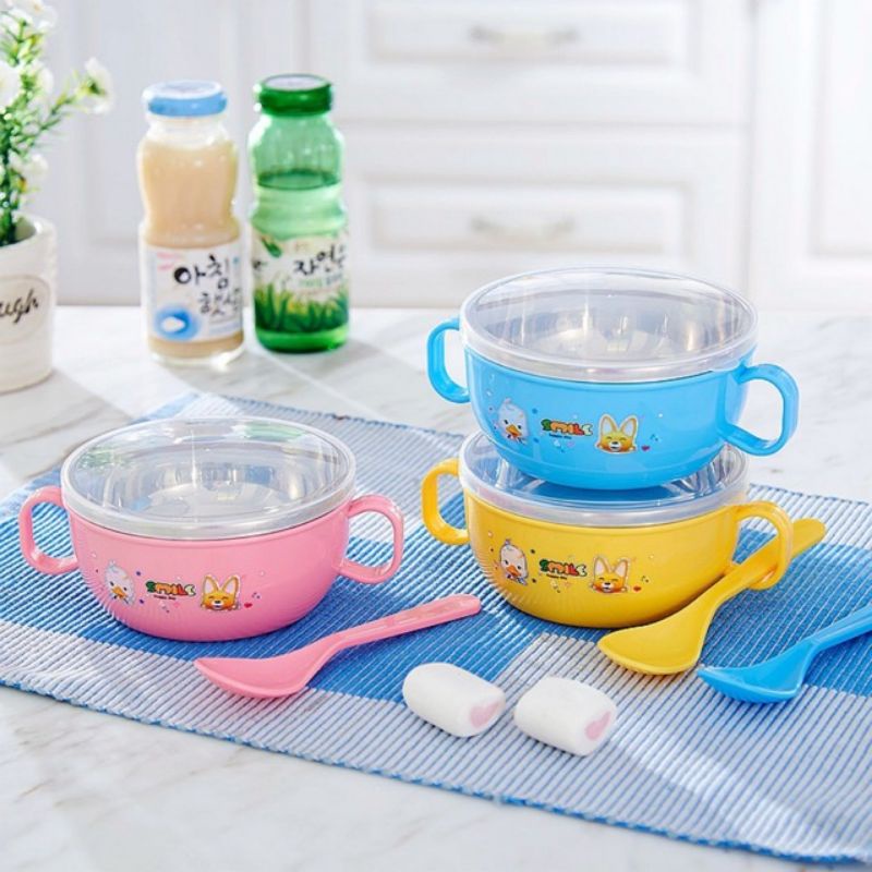 Bát ăn dặm inox có nắp đậy kèm thìa