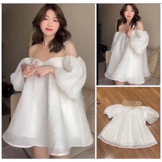 (VIDEO THẬT)Áo trễ vai tơ bồng đính cúc ngọc màu trắng tiểu thư form rộng babydoll