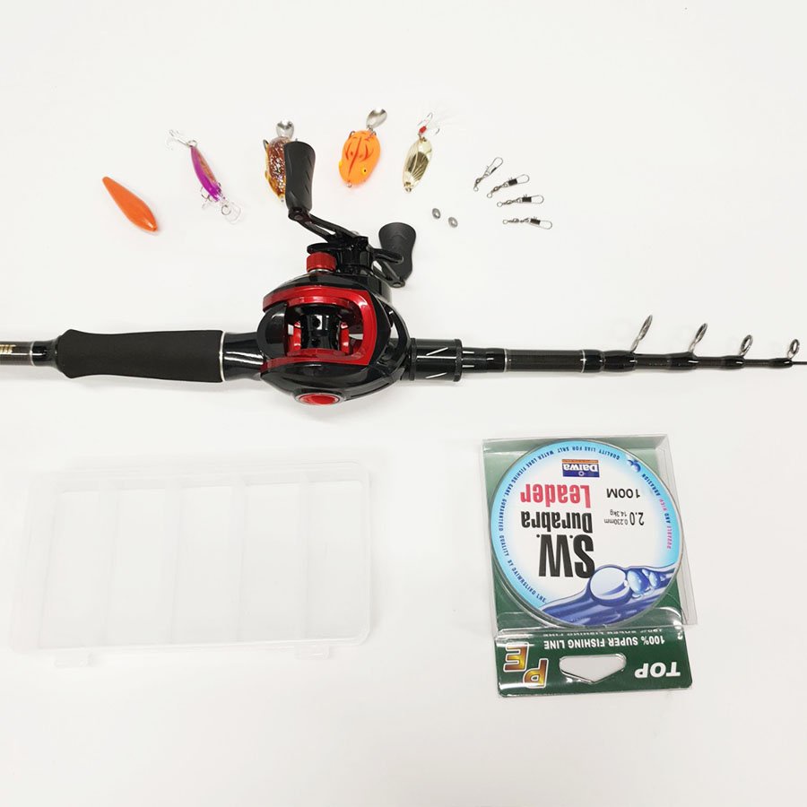 Bộ cần câu lure máy ngang JD rút gọn 60cm carbon kèm dây và hộp mồi lure BCM13