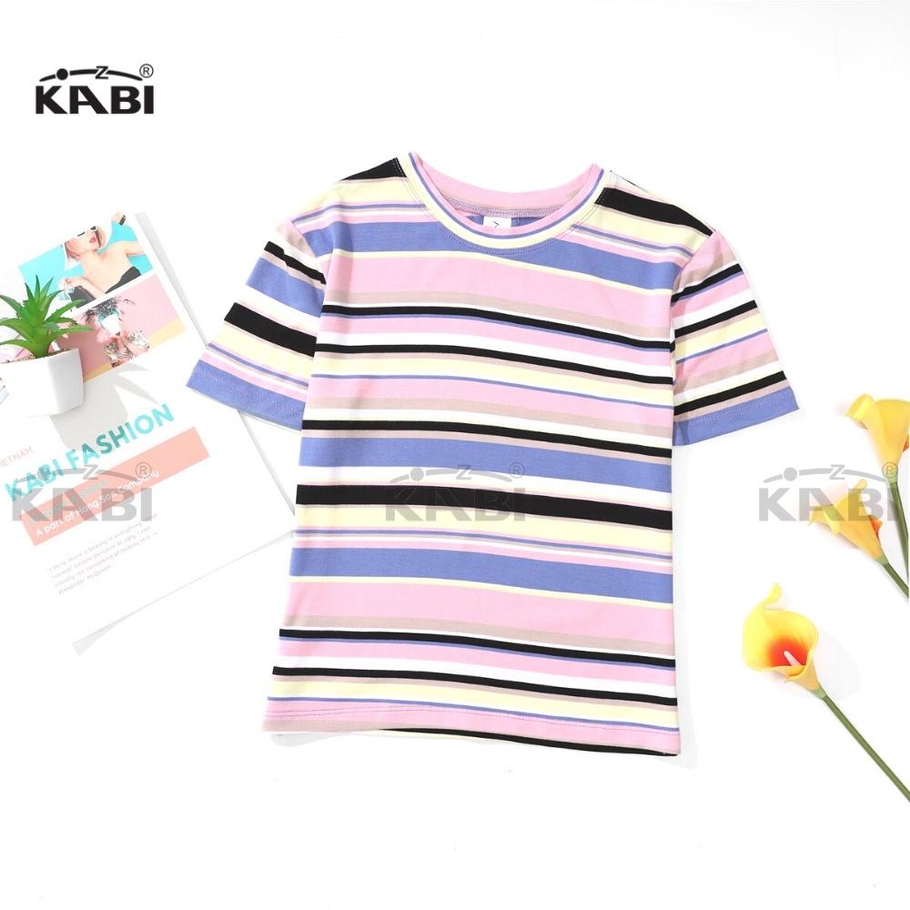 Áo thun tay ngắn nữ KABI áo cotton sọc cổ tròn co giãn thoáng mát văn phòng dạo phố