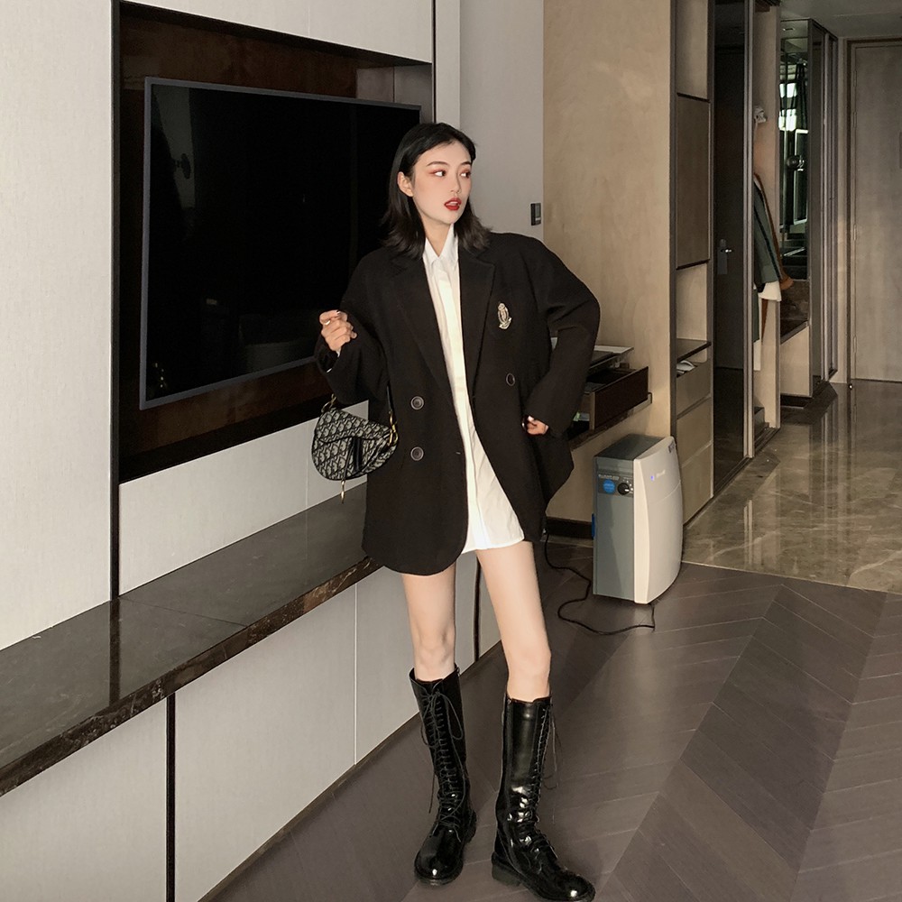 Áo Khoác Len Dáng Rộng Màu Đen Phong Cách Retro | BigBuy360 - bigbuy360.vn