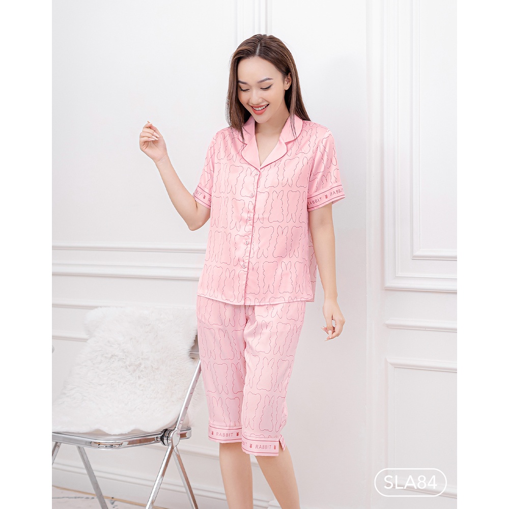 Bộ ngủ satin ZAM Luxury - SLA84 - áo ngắn tay quần lửng họa tiết