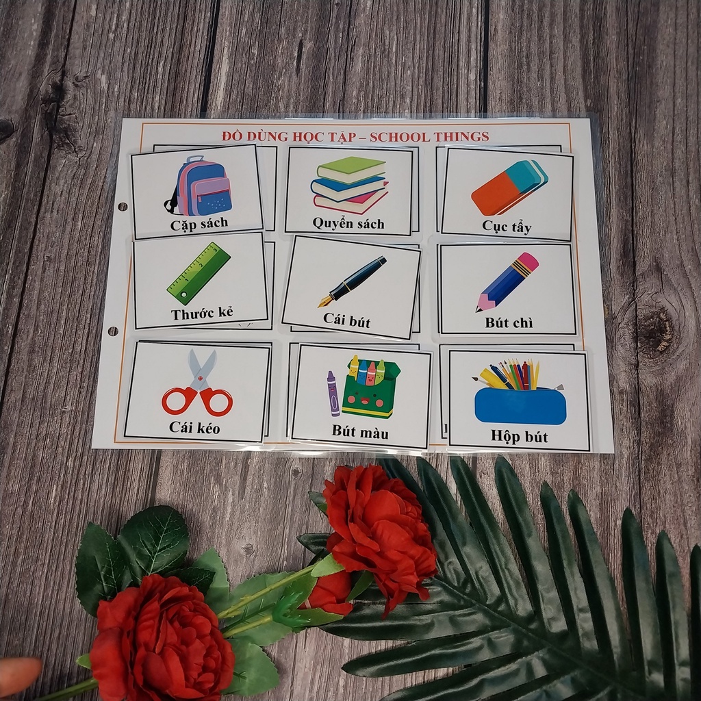 Học liệu bóc dán Montessory 15 chủ đề song ngữ mới nhất có phiên âm, hình ảnh đẹp, ép plastic bo cạnh an toàn