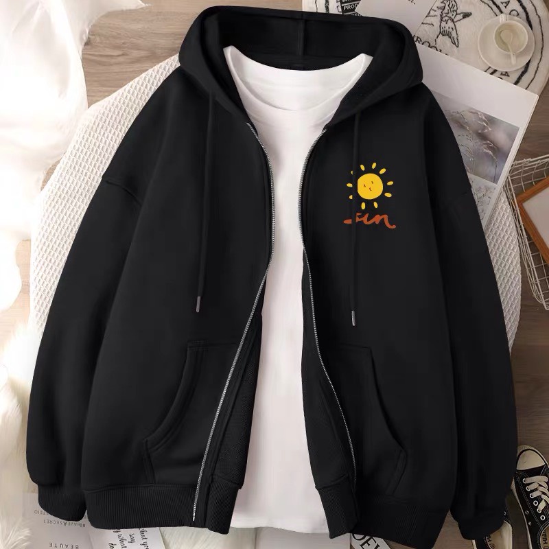 Áo Khóa nỉ in logo ngực Mặt trời vui vẻ, Áo hoodie Unisex from rộng, Chất nỉ ấm mặc không xù, thiết kế phong cách - MODY