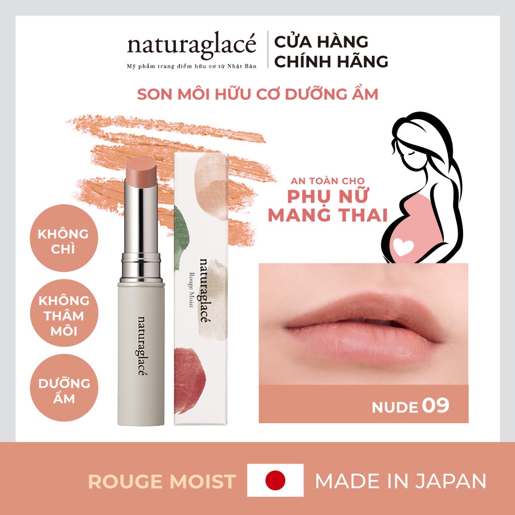 Son môi hữu cơ naturaglacé Rouge Moist bán lì, không chì, dưỡng ẩm, Màu 09 - Nude, 2.3g