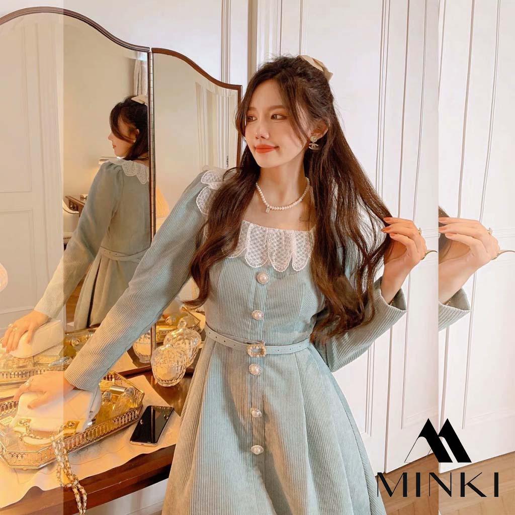 ĐẦM NHUNG GÂN 3 MÀU CỔ REN TRẮNG - CHẤT LIỆU CAO CẤP - MÀU HỒNG / NÂU / XANH | BigBuy360 - bigbuy360.vn