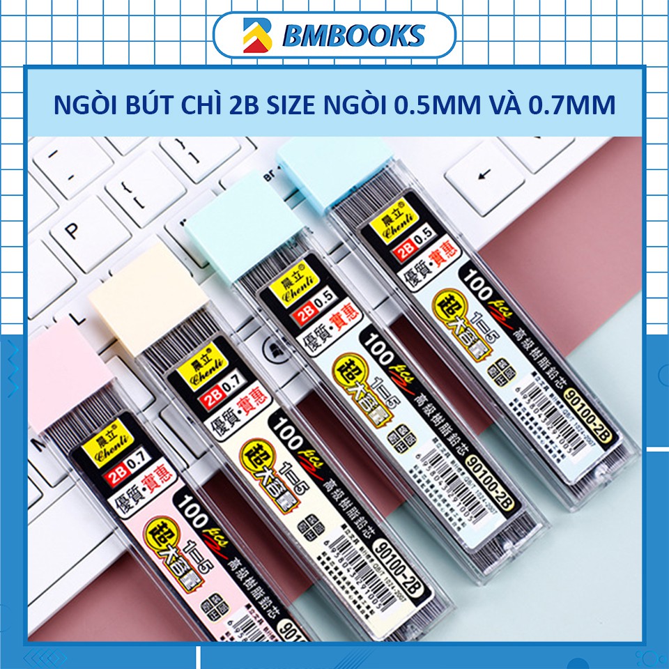 Ngòi chì kim 2B loại 0.5mm và 0.7mm hình vuông thay ruột cho bút chì bấm Hộp 100 ngòi mềm lên màu tốt dễ tẩy xóa BMBooks