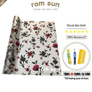 Decal dán kính mờ chống nhìn trộm khổ 90cm, giấy dán kính chống nắng đẹp phòng ngủ cửa sổ bông hoa đỏ
