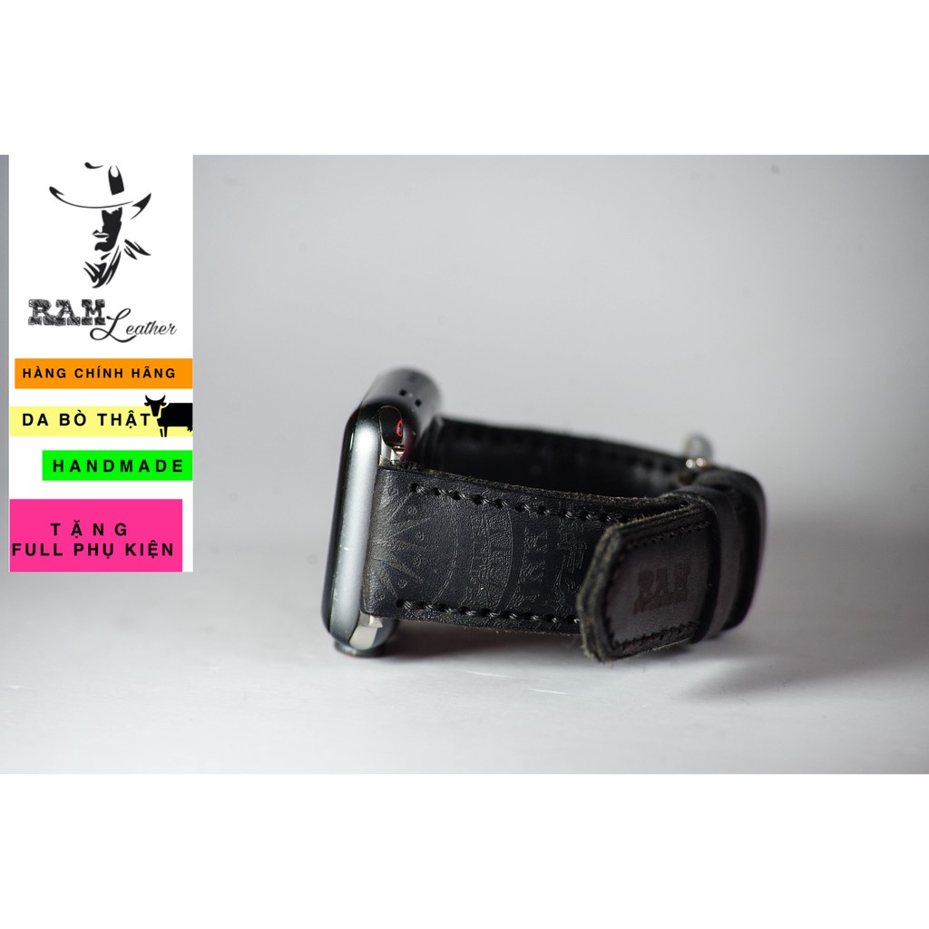 Dây đồng hồ Apple Watch , Iwatch , Iphone Watch Da Bò Italia Vegtan Khắc Trống Đồng Việt Nam Màu Đen RAM Leather