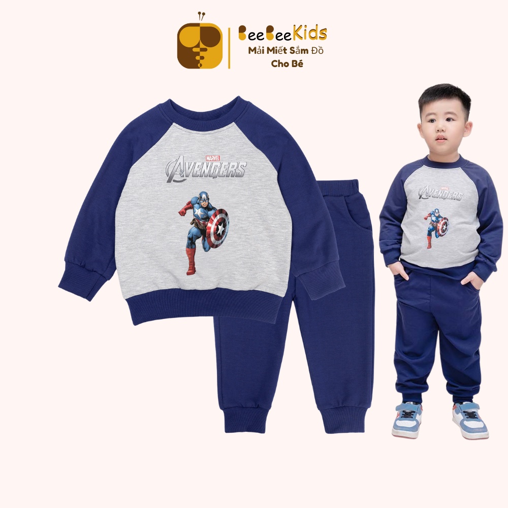 Bộ Nỉ Bé Trai Họa Tiết Đội Trưởng Mỹ Vải Cotton Dày Dặn Quần Áo Thu Đông Cho Bé 1-8 Tuổi