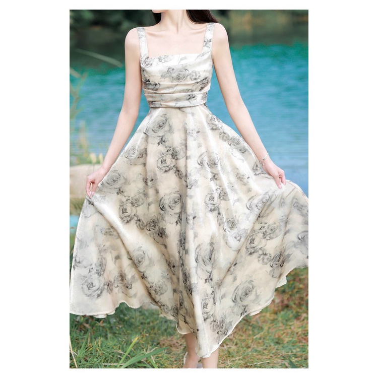 M304 - Đầm voan hoa hai dây xếp ly ngực dáng dài xòe