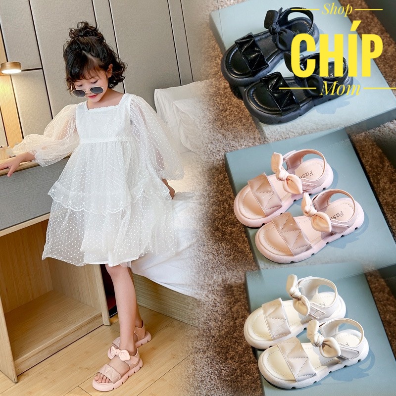 sandal bé gái dép quai hậu bé đi học nơ quai ngang công chúa da PU bóng mềm siêu nhẹ full box 6887 ( có video ảnh thật )