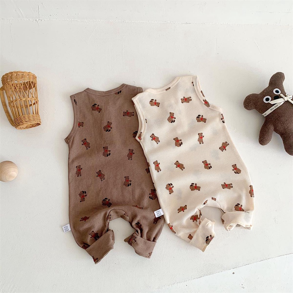 Áo Liền Quần Sát Nách Chất Liệu Cotton Hình Gấu Waffle Mùa Hè Cho Bé Sơ Sinh