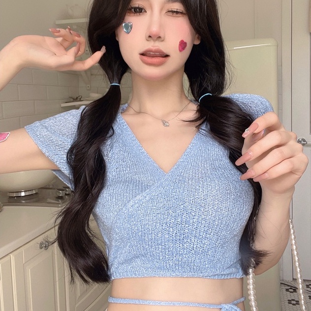 Áo kiểu ZHELIHANGFEI dệt kim tay cổ ngắn chữ V hở lưng gợi cảm tùy chọn màu sắc