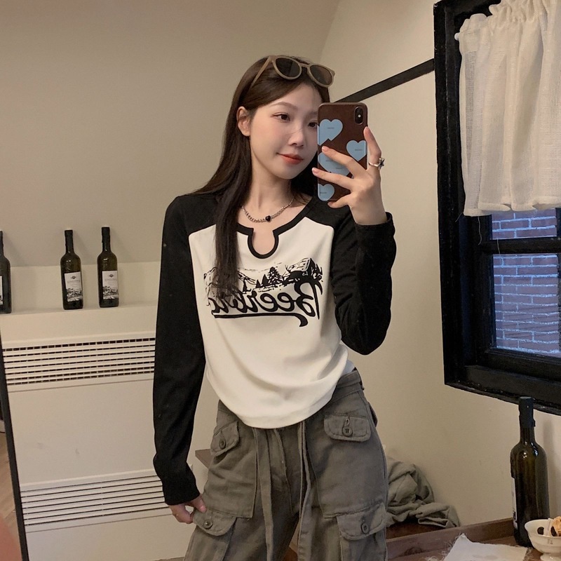 Áo thun NZN tay dài in chữ phối màu tương phản cá tính thời trang Hàn Quốc cho nữ
