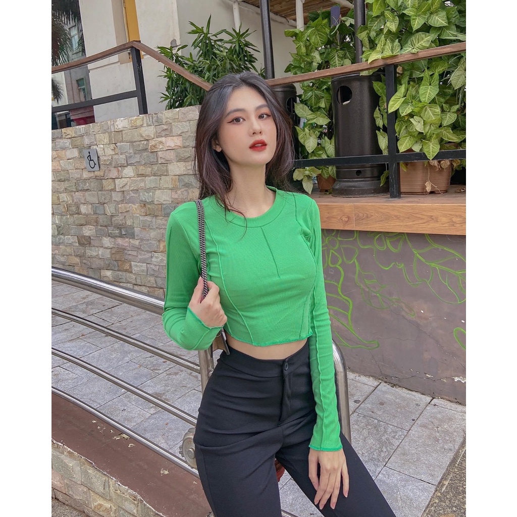 Áo croptop nữ tay dài HHVINTAGE kiểu cổ tròn lệch tà Top A23