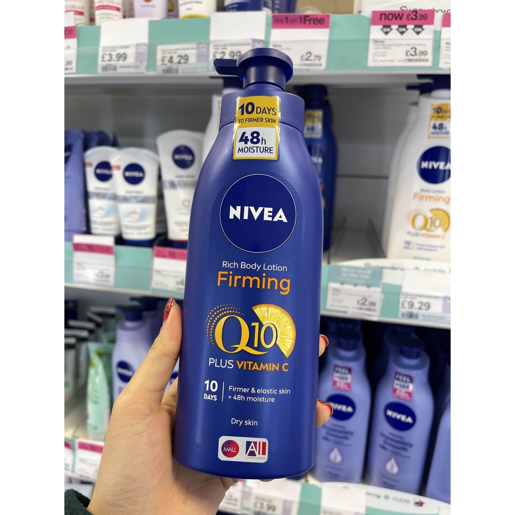 [TOP 1 SHOPEE] Dưỡng thể trắng da mờ thâm nám da khô Nivea Rich Body Lotion Firming Q10 + Vitamin C Dry Skin (Bill Anh)