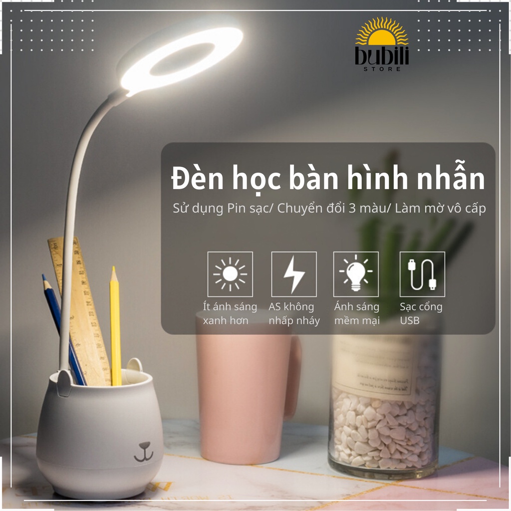 Đèn học để bàn Đựng bút Ánh sáng 3 màu Làm mờ vô cấp Hình nhẫn