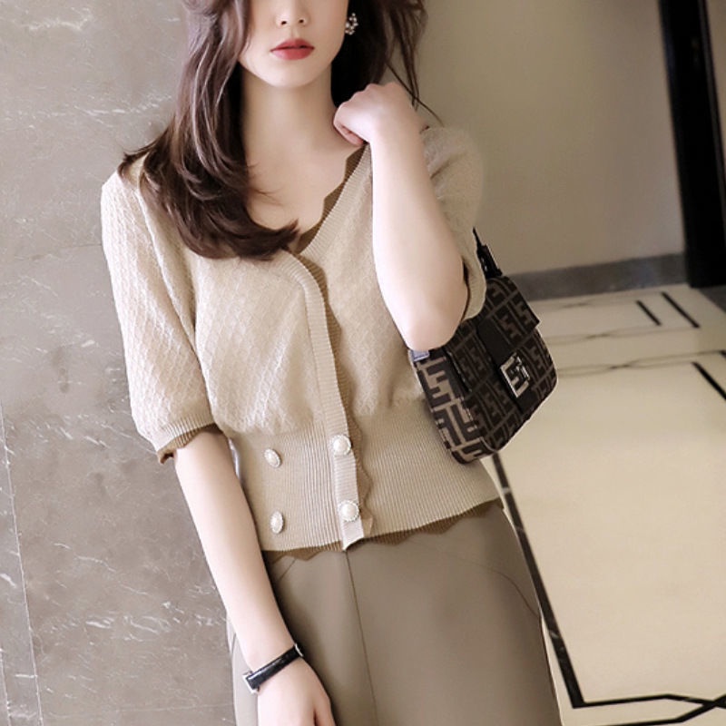 Áo dệt kim làm từ vải lụa lạnh cổ chữ V tay lửng thời trang thanh lịch cho nữ | BigBuy360 - bigbuy360.vn