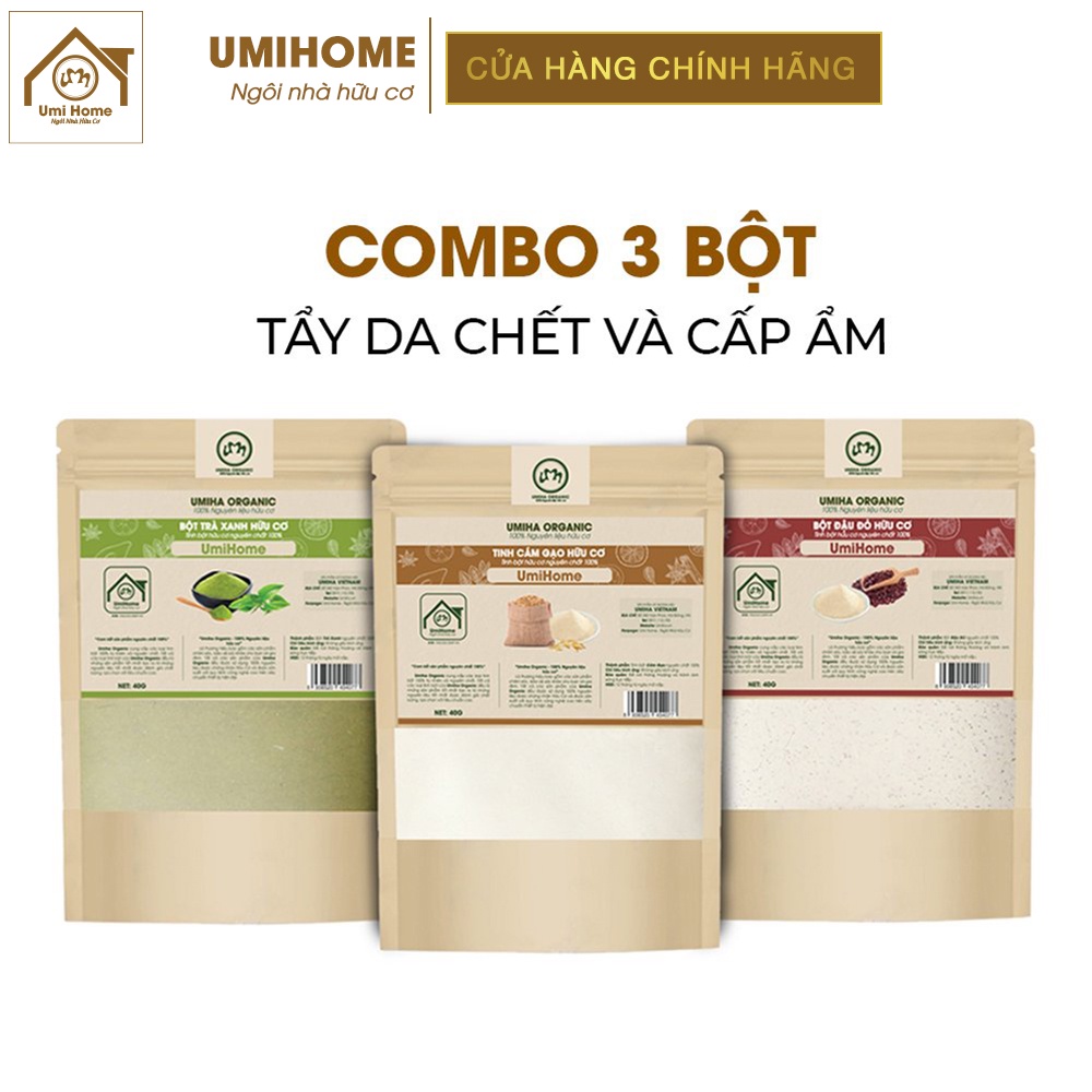 Combo 3 bột tẩy da chết Umi Home gồm bột trà xanh, đậu đỏ, cám gạo (40gx3)
