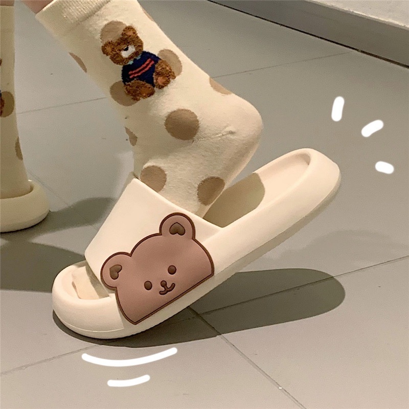 Dép nữ bánh mì hình gấu xinh quai ngang đế bằng in hình gấu A139 Warm&amp;Cute
