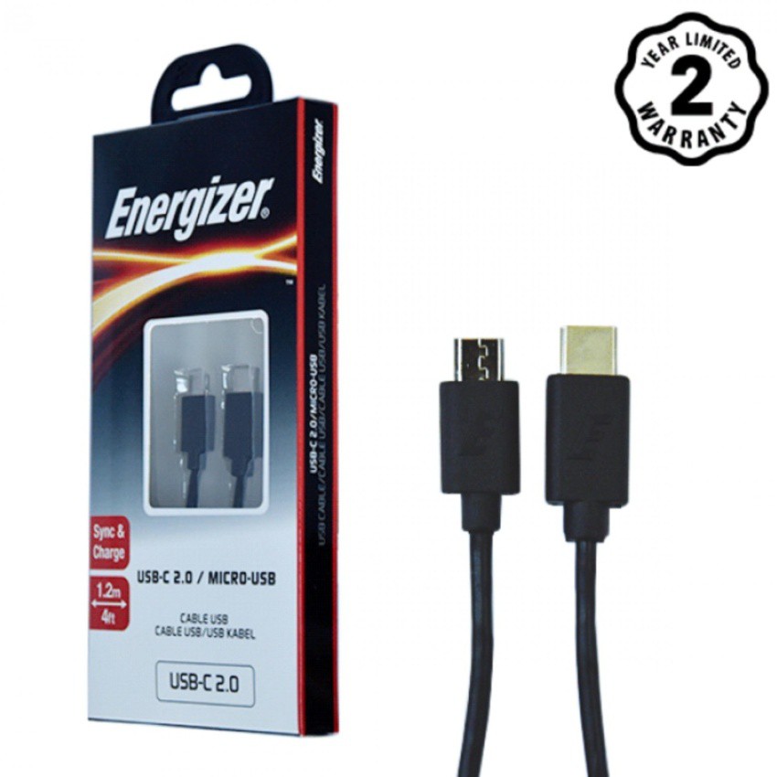 [Freeship toàn quốc từ 50k] Cáp sạc Type-C Energizer USB-C ra Micro-USB 2.0 dài 1.2m - C11C2MCGBK4 Cho Android (Đen)