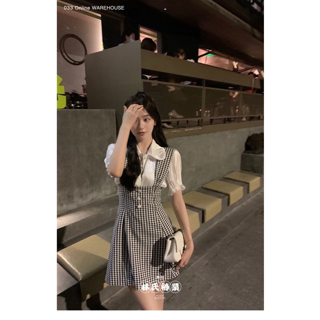 Set Đầm Ngắn Sọc Ca Rô + Áo Sơ Mi Trắng Phong Cách Pháp Thời Trang Mùa Hè Mới Cho Nữ | BigBuy360 - bigbuy360.vn