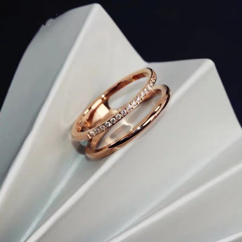 Nhẫn Mạ Vàng Hồng 18K Hai Lớp Đính Đá Kim Cương Phong Cách Hàn Quốc Thời Trang Cho Nữ