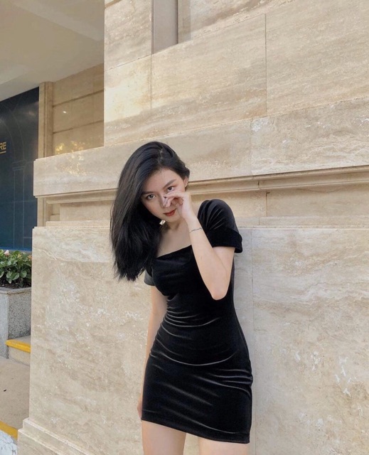 Đầm đen ôm Velveett Dress chất nhung lạ độc lạ sang chảnh có dây khoá sau lưng cổ vuông from tôn dáng vải co dãn nhẹ | BigBuy360 - bigbuy360.vn