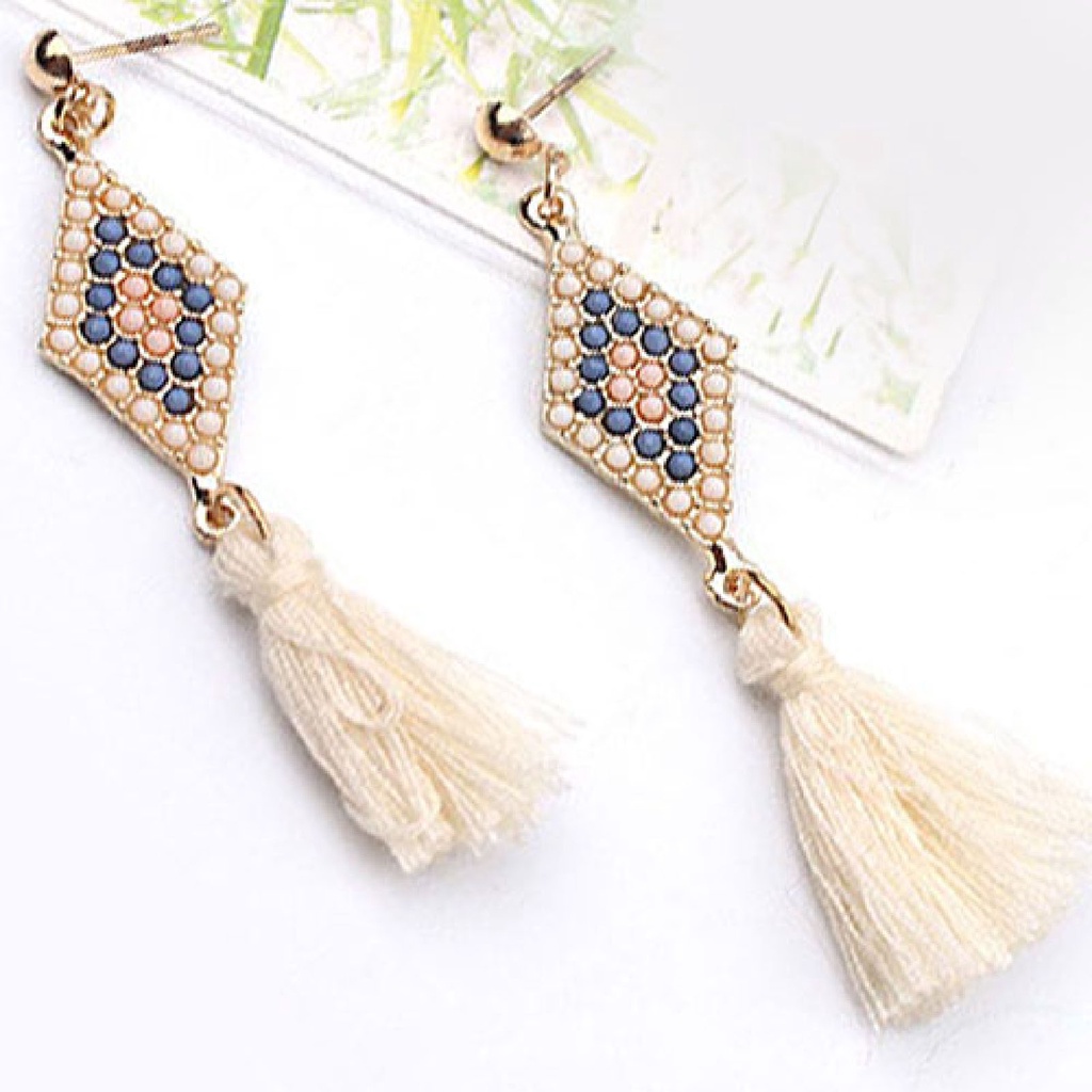 Cặp khuyên tai tua rua đính đá quý nhân tạo hình thoi sang trọng quý phái dành cho nữ