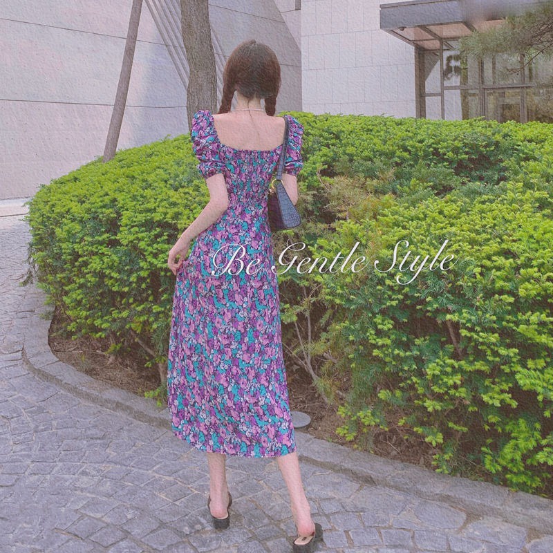 Đầm Hoa Tím Cổ Vuông Tay Phồng Xẻ Tà Kiểu Retro Pháp Thời Trang Mùa Hè Cho Nữ 2022