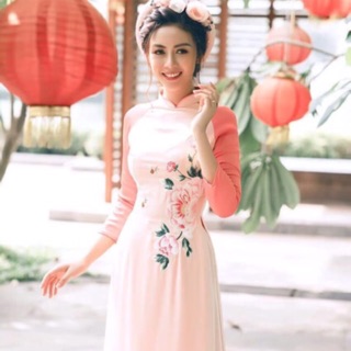 Áo dài thêu hoa cẩm chướng tà ngắn tà dài