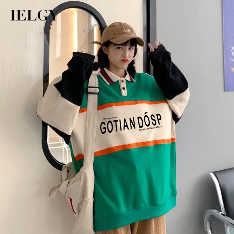 Áo thun IELGY nữ dài tay cổ bẻ form rộng màu sắc retro thời trang
