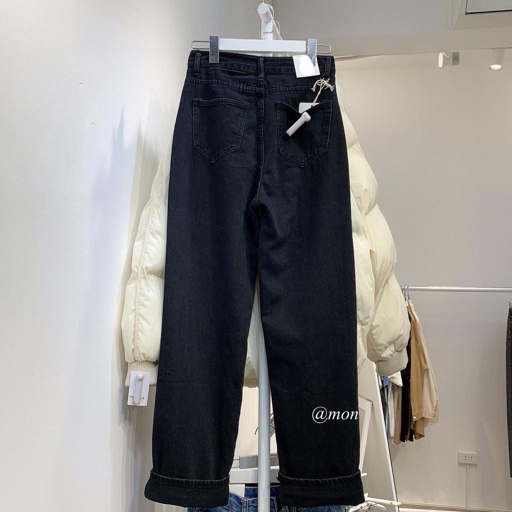 201053 Quần jeans ống rộng dáng suông vừa cho nữ chất jeans mềm màu đen trơn có size | BigBuy360 - bigbuy360.vn