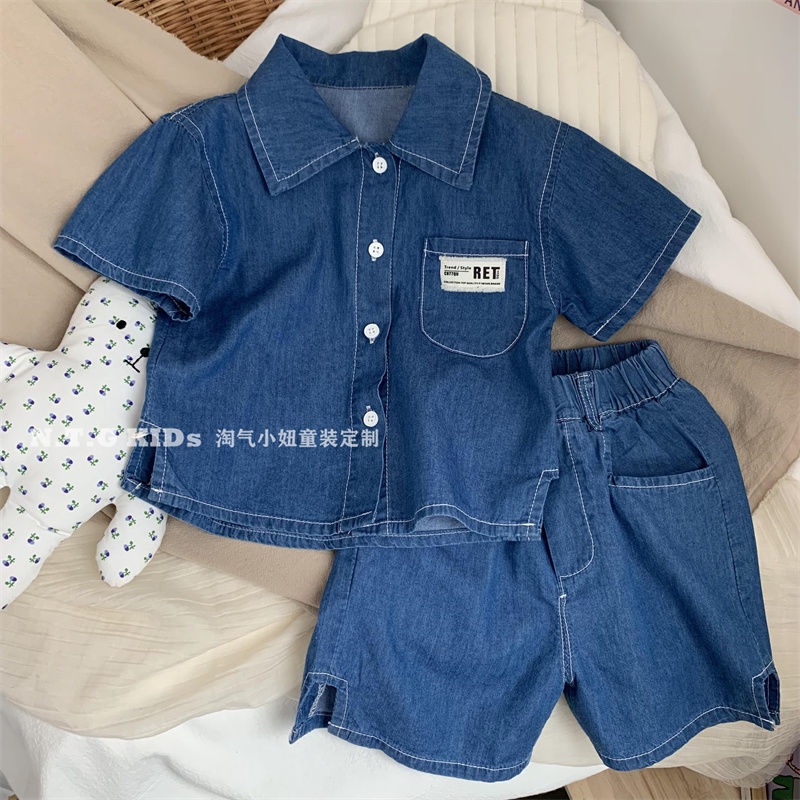 Bộ Áo Sơ Mi Cotton + Quần Short Denim Mềm Mỏng Phong Cách Hàn Quốc Nhật Bản Thời Trang Mùa Hè Cho Bé Trai