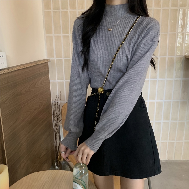 IELGY    Áo sweater Tay Dài Cổ Cao Màu Trơn Thời Trang Cho Nữ