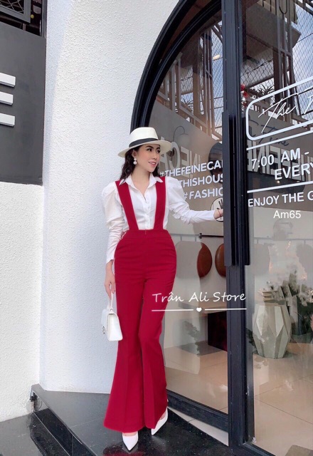 Set áo sơmi tay dài phồng + quần dài yếm ống loe