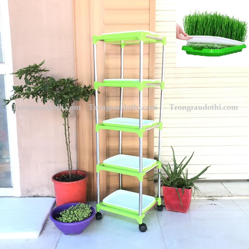 (TẶNG 500GRAM HẠT RAU MẦM ĐẬU HÀ LAN VÀ VÒI XỊT) Bộ chậu kệ trồng rau mầm lắp ghép 5 tầng 5 chậu