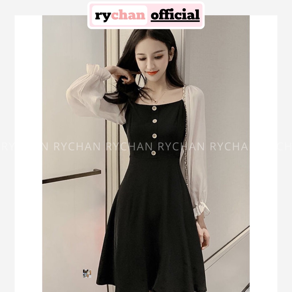 Đầm Xoè Đen Tay Voan Đính Cúc - DX291