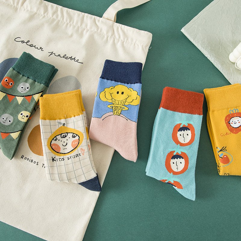 Tất nữ vớ nữ cổ cao chất liệu cotton mềm mại in họa tiết hoạt hình phong cách Hàn Quốc