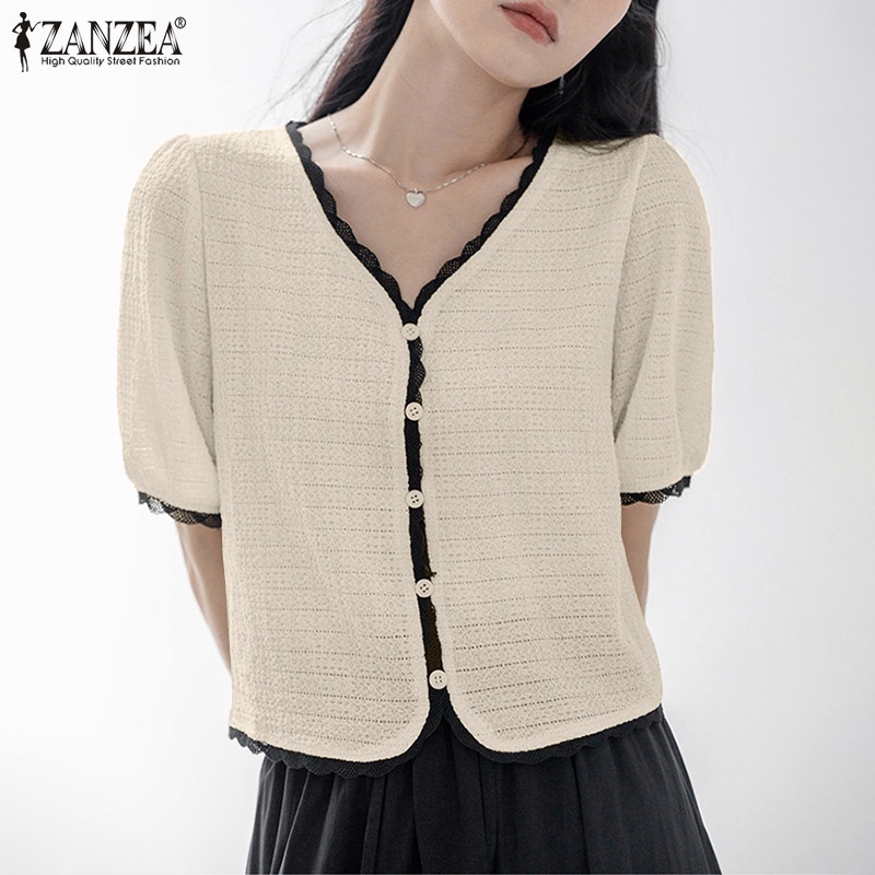 Áo ZANZEA tay phồng cổ chữ V màu tương phản phối viền ren có nút cài phong cách Hàn Quốc ngọt ngào cho nữ