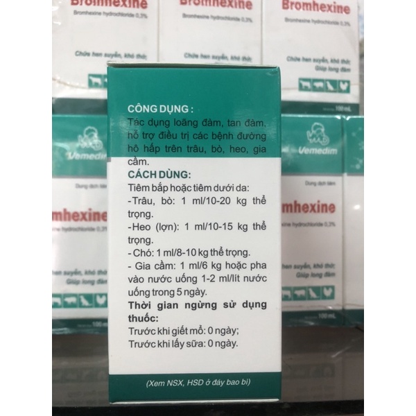 Bromhexine 100ml giúp giảm đàm, hỗ trợ đường hô hấp, hen xuyễn trên vật nuôi : chó, trâu bò, dê cừu