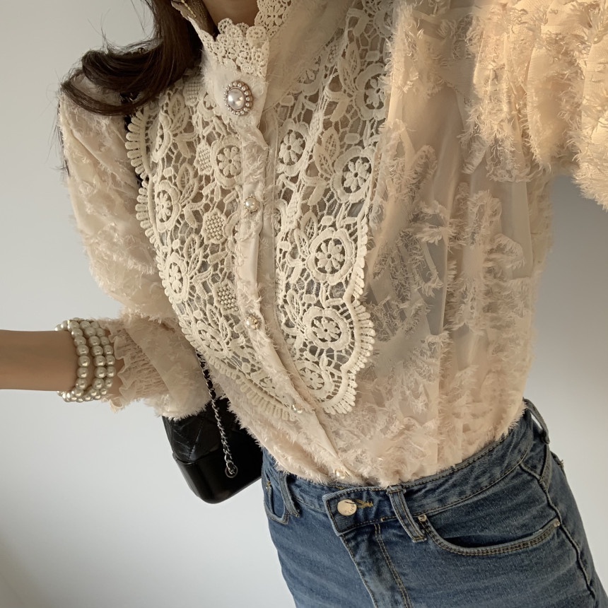 SUXI Áo Sơ Mi Tay Dài Cổ Đứng Phối Ren Đơn Giản Thanh Lịch Dành Cho Nữ