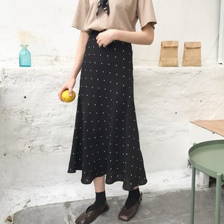 Chân váy SUXI maxi chữ A lưng cao hoạ tiết chấm bi phong cách cổ điển