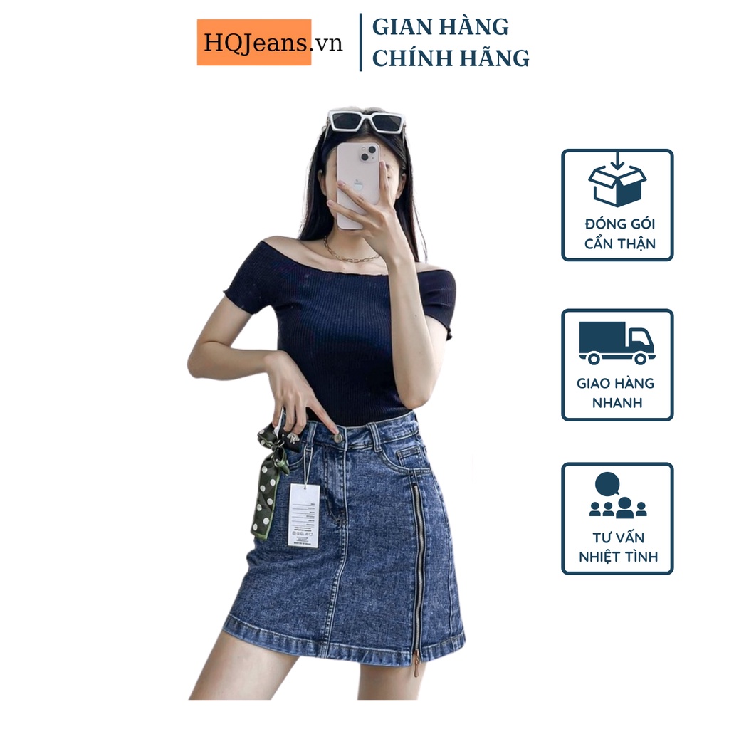 Chân váy jeans HQJEANS dáng xòe cạp khuy có khóa kéo điều chỉnh kèm quần trong co giãn tốt mã 76
