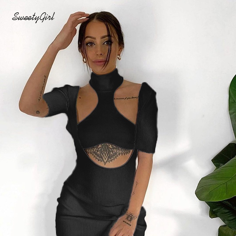 Đầm Ôm Tay Ngắn Cổ Cao Hở Lưng Màu Sắc Trơn Quyến Rũ Dành Cho Nữ