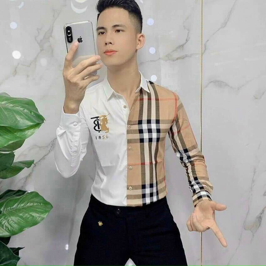 Áo sơ mi nam dài tay thêu logo BB mix caro vải kate lụa mềm mịn mặc mát, không nhăn